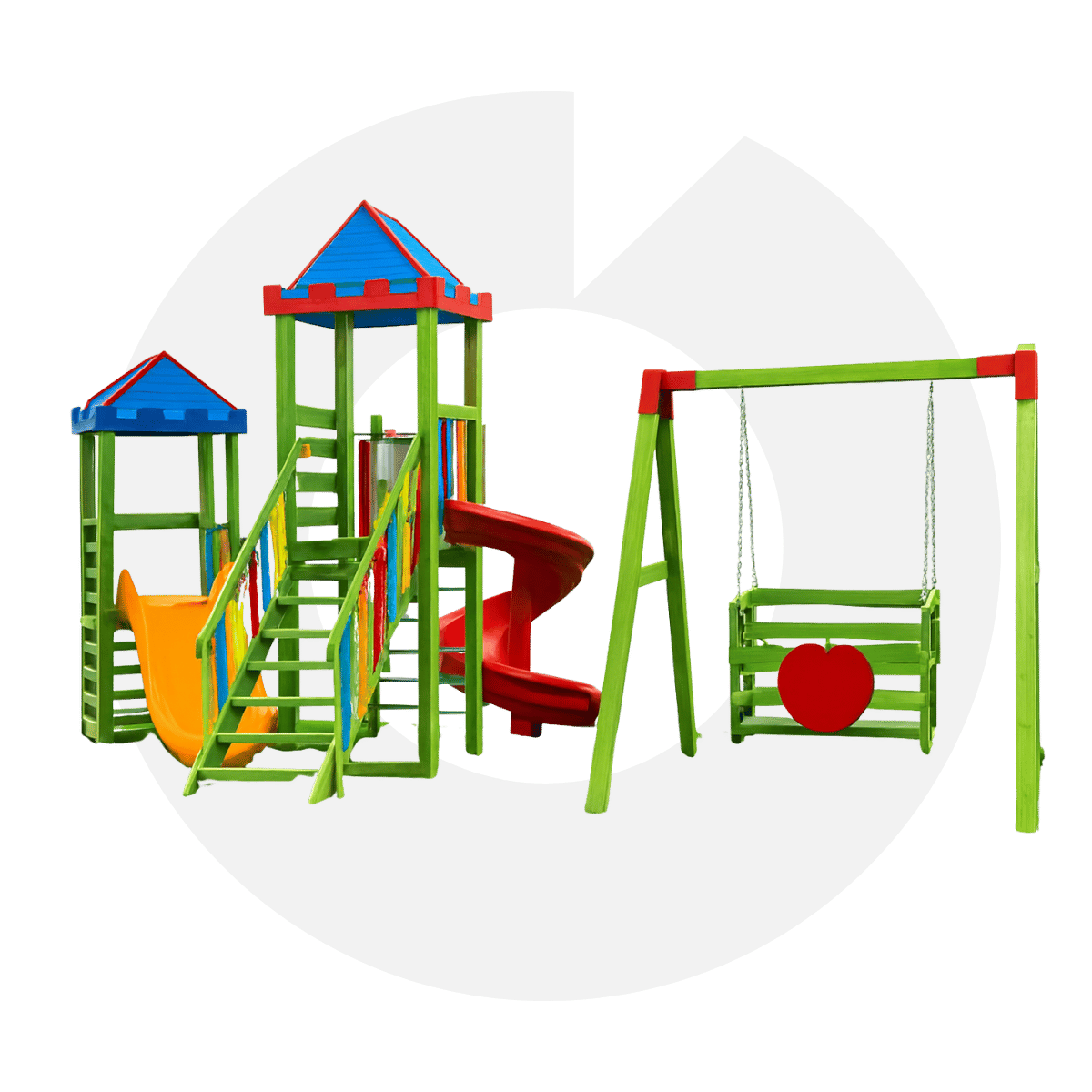 Bahçe tipi ahşap oyun grubu ve gondol salıncak