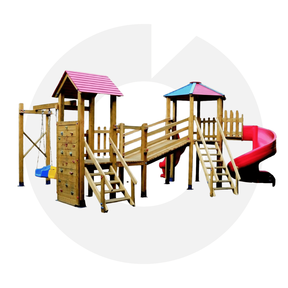 Çift Kuleli Lüks Ahşap Çocuk Parkı - Spiral Kaydıraklı Bahçe Oyun Grubu