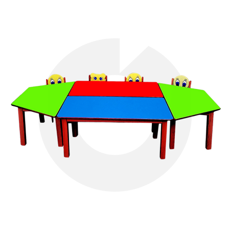 Trapez Masa Grubu – 120x240 cm Kayın Ayaklı MDF Anaokulu Masası