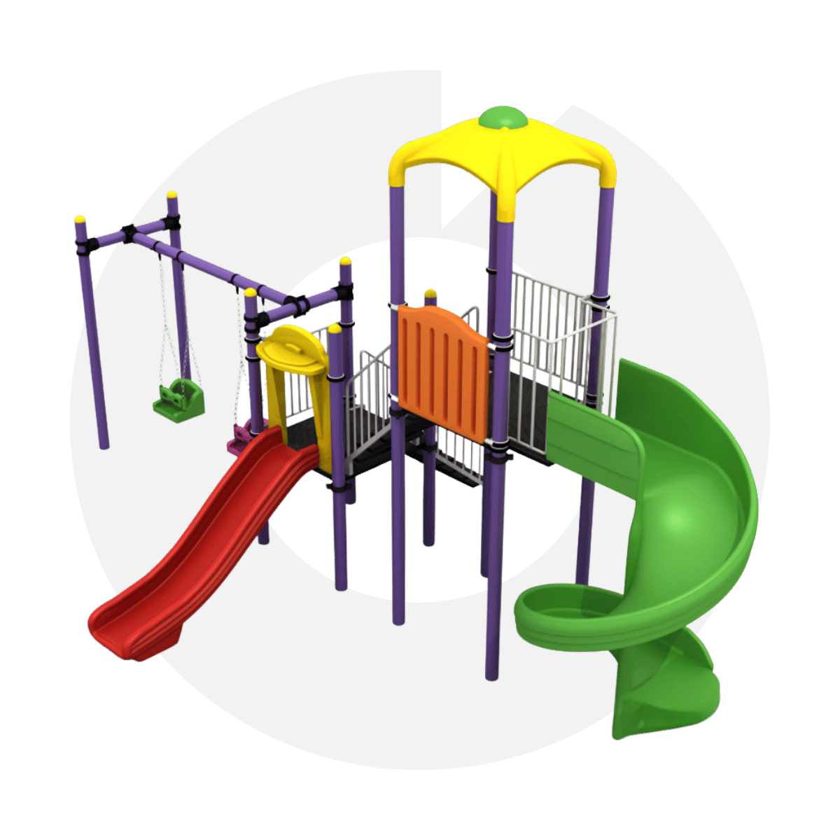 Anaokulu bahçeleri için dayanıklı metal 2 kule salıncaklı kaydırak seti! 7.65x4.45m kurulum alanı ve güvenli tasarımıyla en kaliteli oyun grubunu keşfedin.