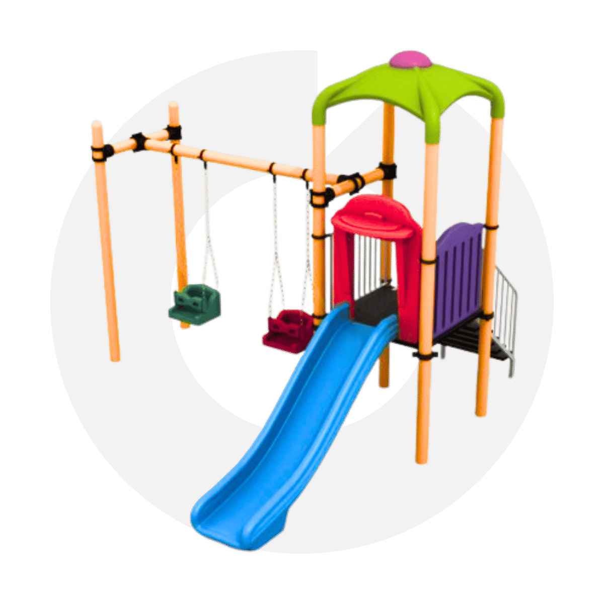 Ekonomik ve dayanıklı metal tek kule salıncaklı kaydırak seti! 150 cm kaydırak yüksekliği ve kauçuk kaplı güvenli basamaklarla anaokulları için ideal.